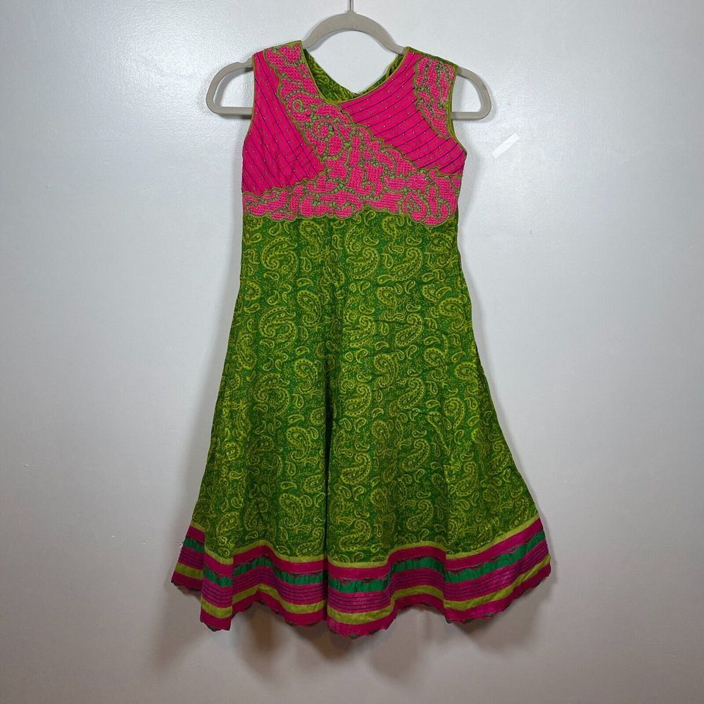 Unbranded Anarkali Dress 32 Green Pink Paisley Embroidered Beaded Girls